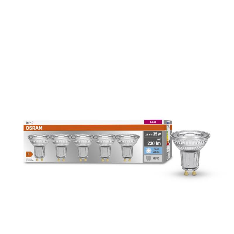 5er-PACK OSRAM LED GU10 Strahler PAR16 2,6W wie 35W neutralweisses Licht mit schmalem Lichtkegel 36° GLAS